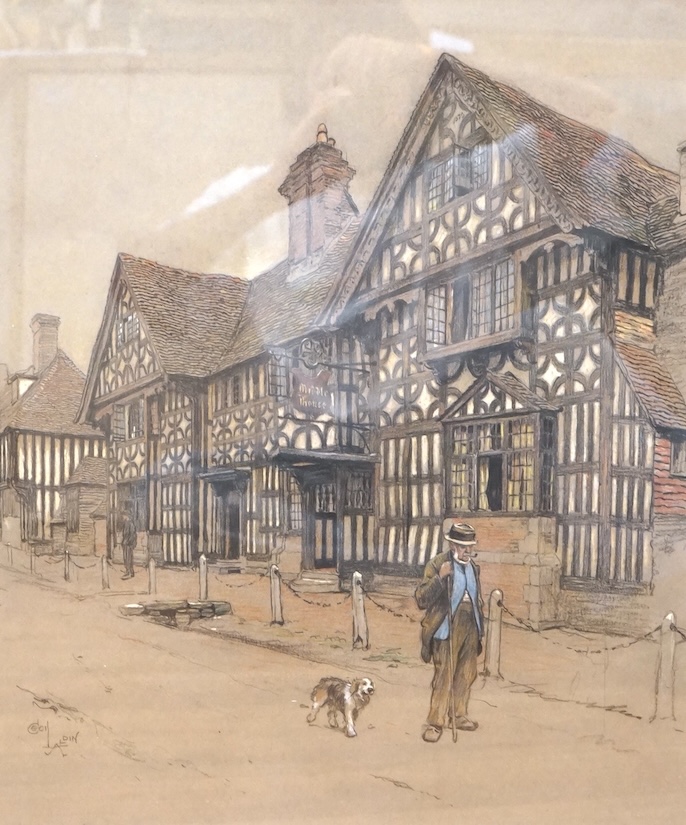 Cecil Aldin RBA (1870-1935), 'An elderly gentleman and his dog outside The Middle House Inn, Mayfield, East Sussex', signed, pastel, 54 x 44cm, framed